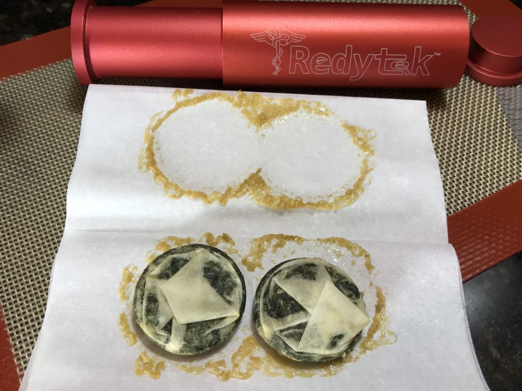 Turning Westville Dispensary flower into gold solventless concentrate using Rosin technique and Redytek rosin press Oklahoma